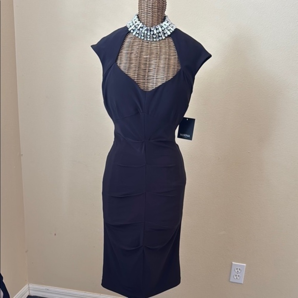NWT Marina Black Jewel Collar Cutout Ruched Black Dress 4